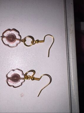 Gold Pink Flower Drop Earrings